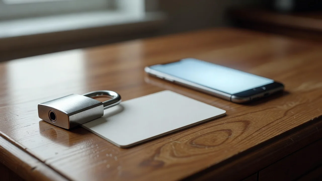 Blank identity card beside a smartphone and a fountain pen — KYC documents