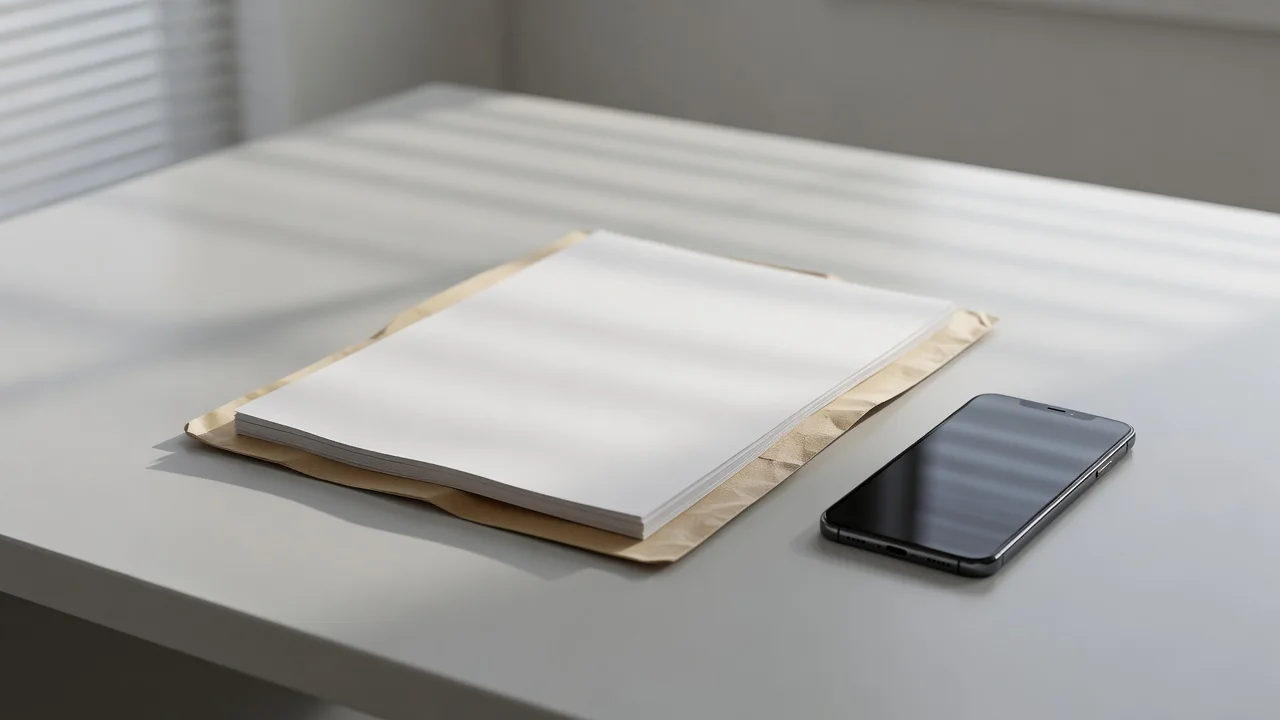 Manila folder with blank papers beside a smartphone on an office desk