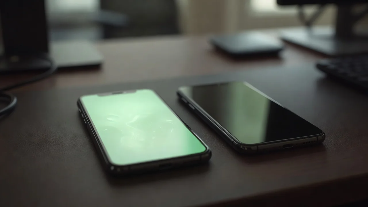 Two smartphones on a dark desk, one glowing green — app versus mobile site