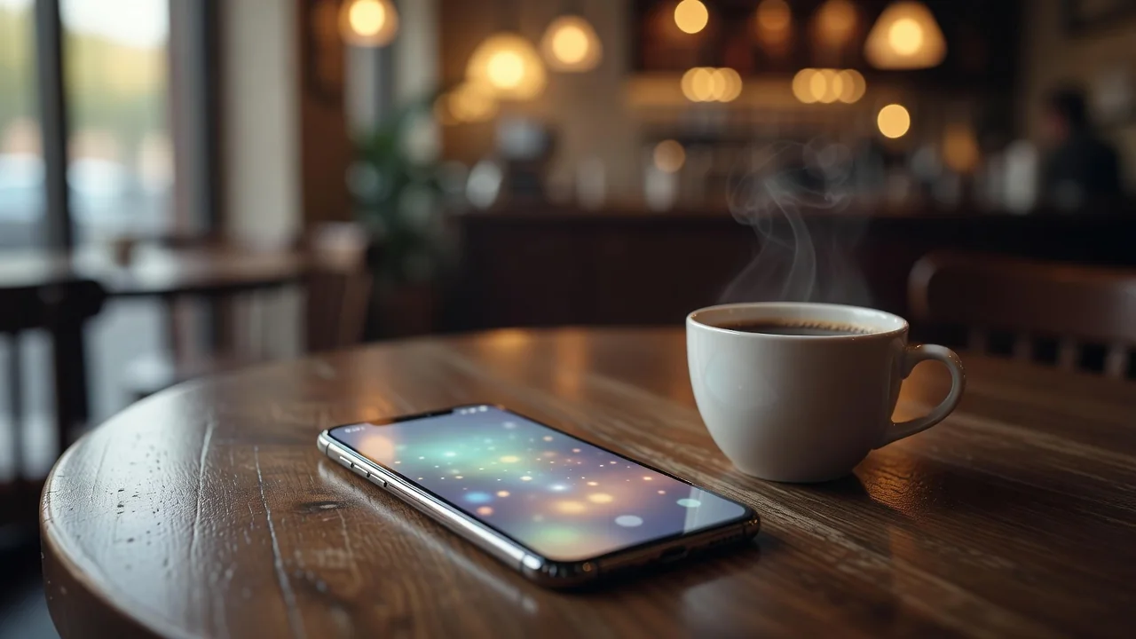 Smartphone on a cafe table beside black coffee — betting on iPhone