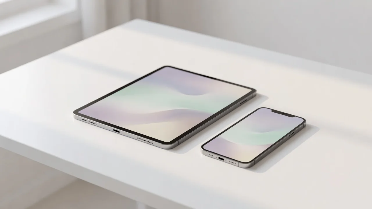 Tablet and smartphone on a bright minimal desk — iOS and iPadOS play