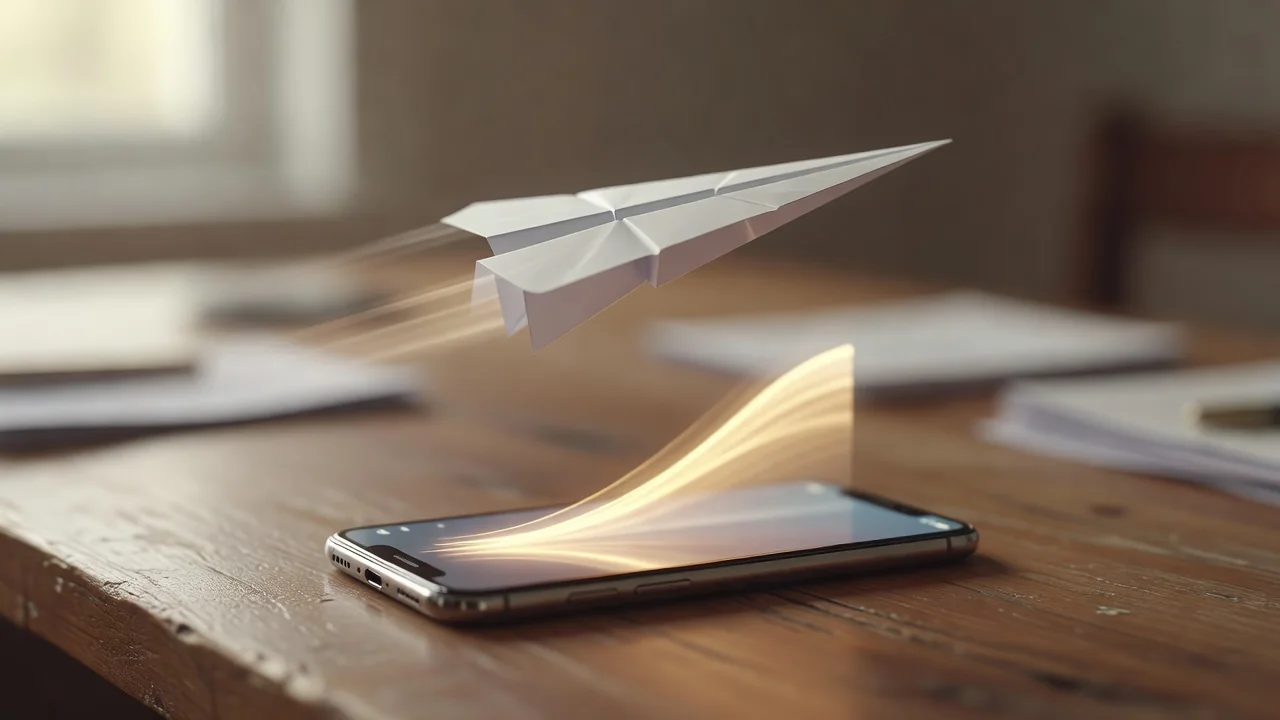 Paper airplane above a desk with a glowing rising curve on a smartphone