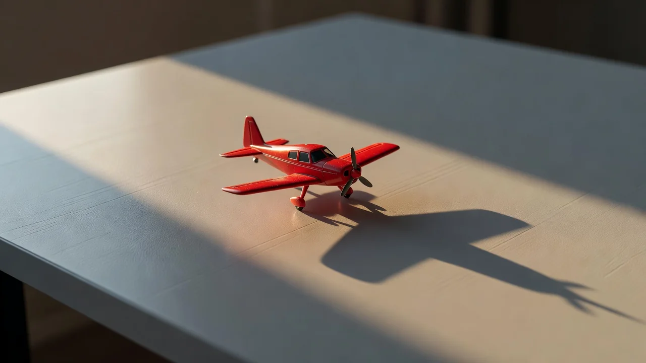 Red toy airplane casting a long shadow at sunset light