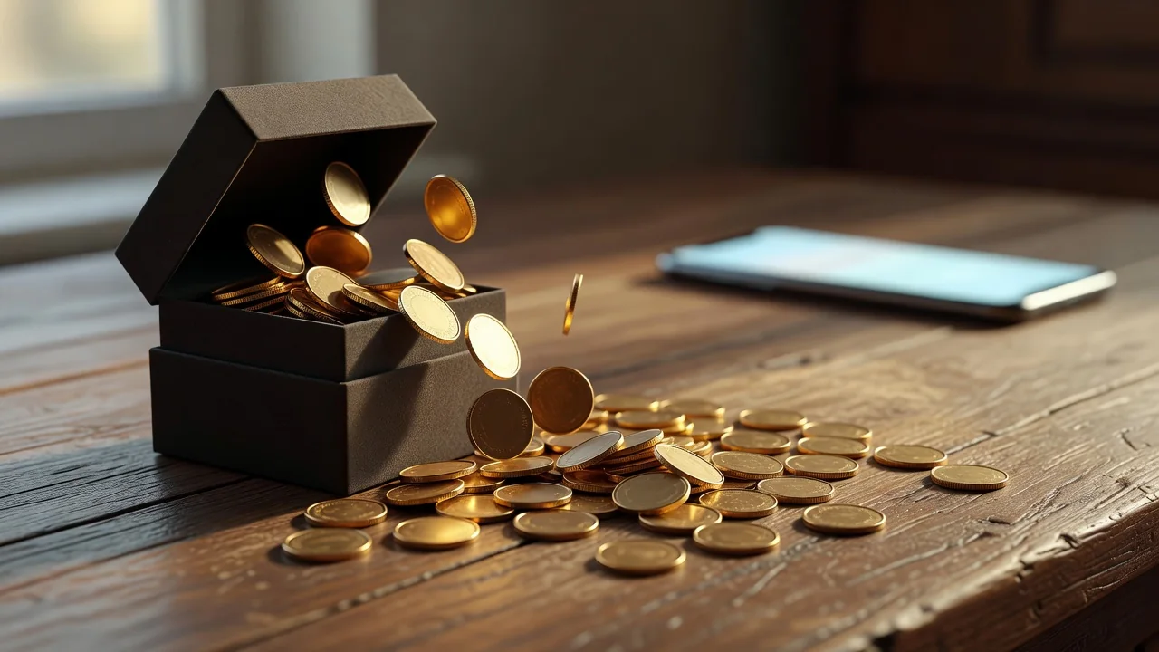 Gold coins spilling from a gift box beside a glowing smartphone — welcome package