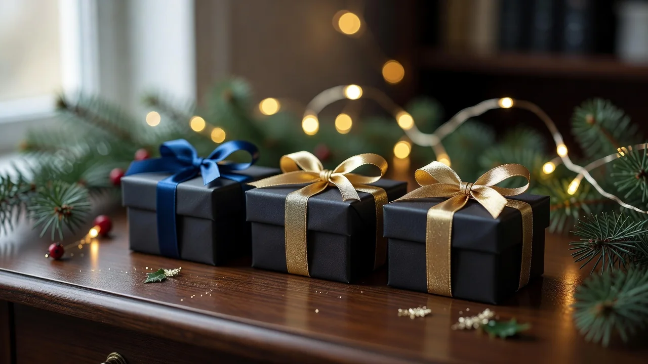 Dark gift boxes with blue and gold ribbons — recurring promotions