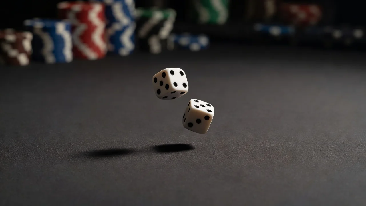 Stacks of unmarked casino chips on plain dark felt under a spotlight