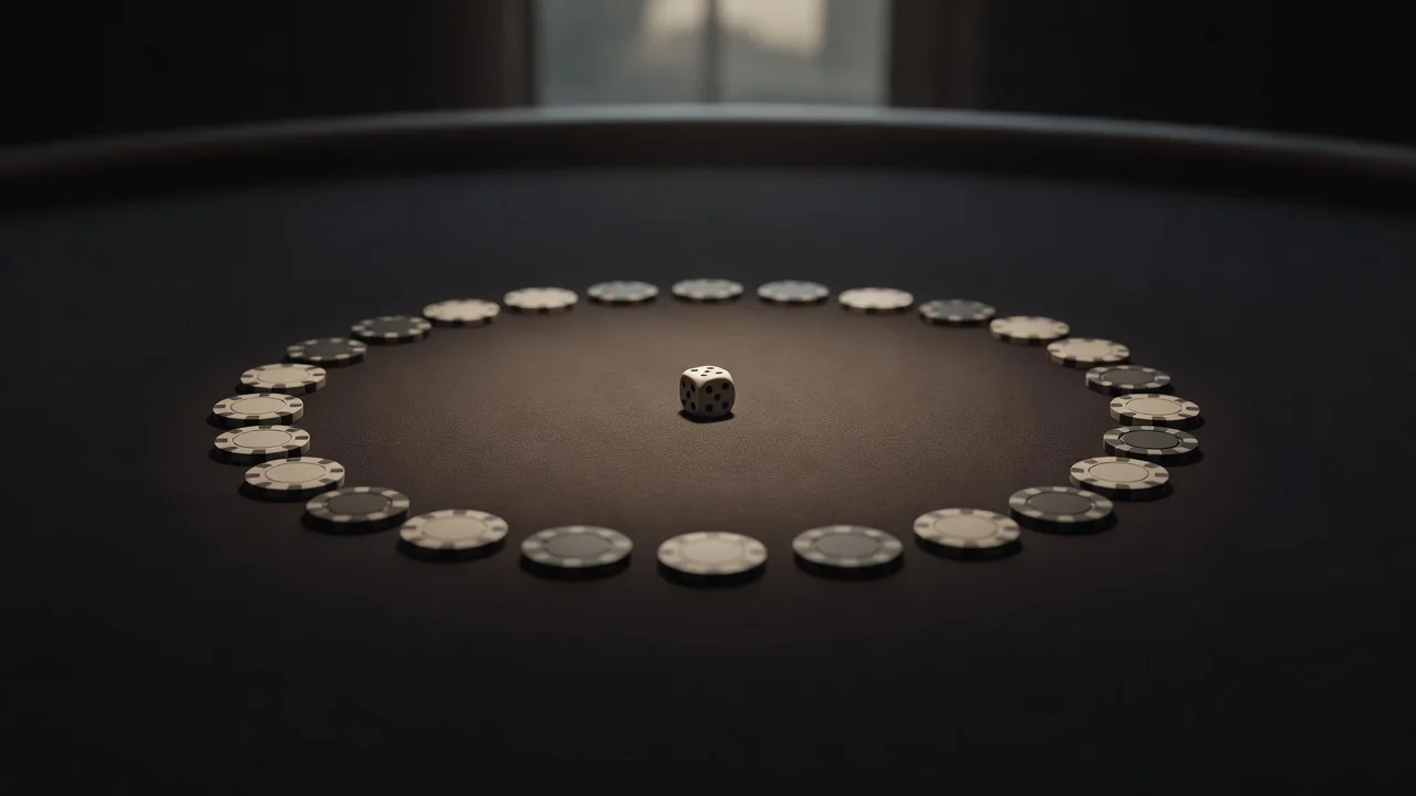Two white dice mid-roll above dark felt with blurred chips