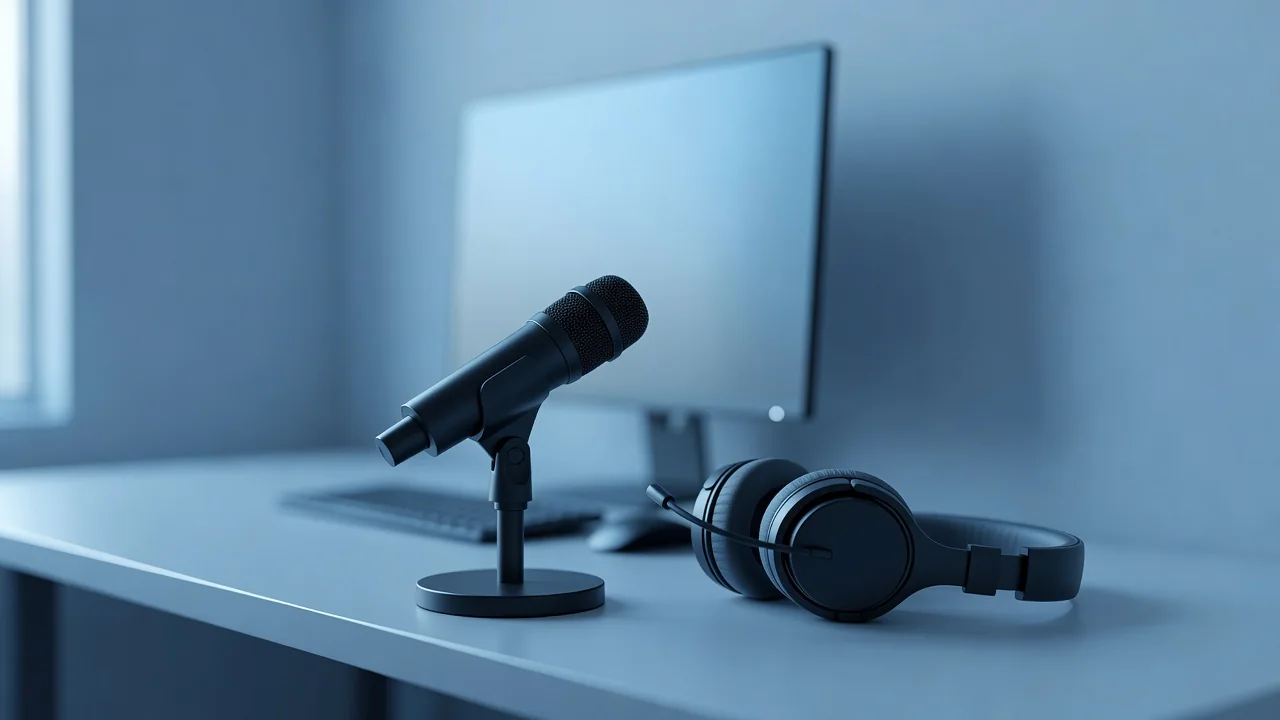 Microphone and headset on a tidy desk with a glowing monitor behind