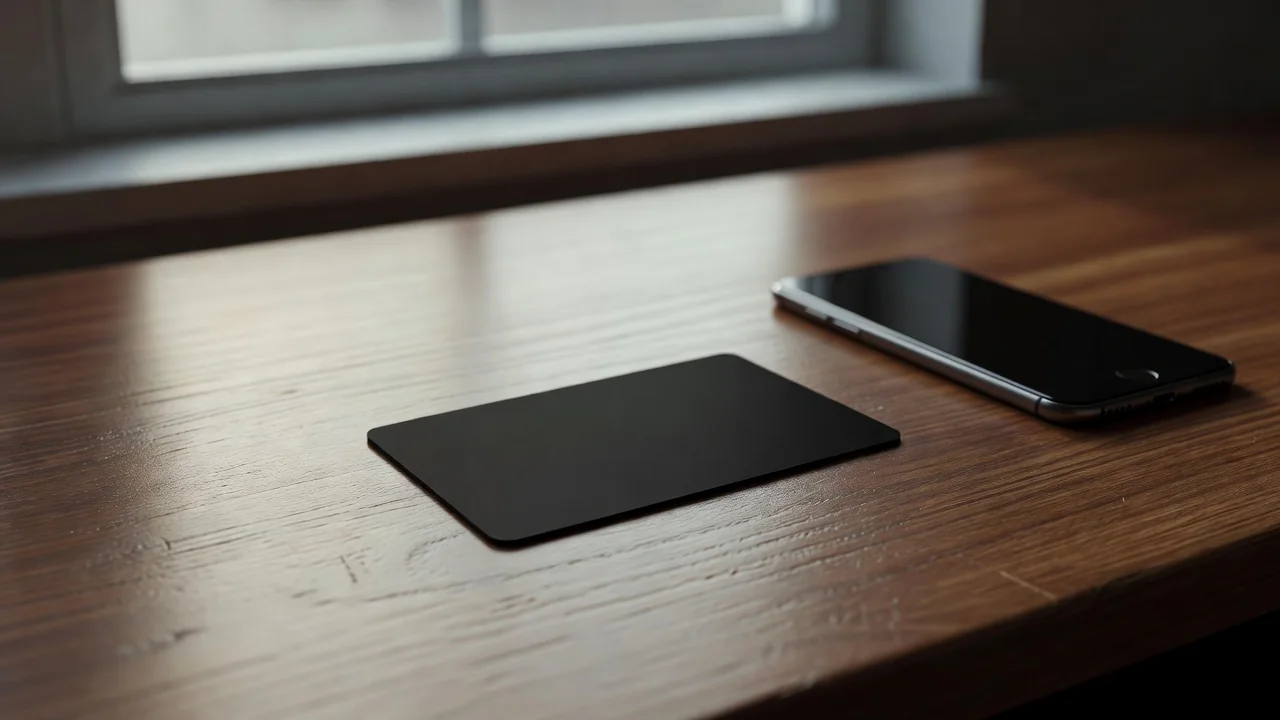 Blank bank card beside a smartphone on a wooden desk — card deposits