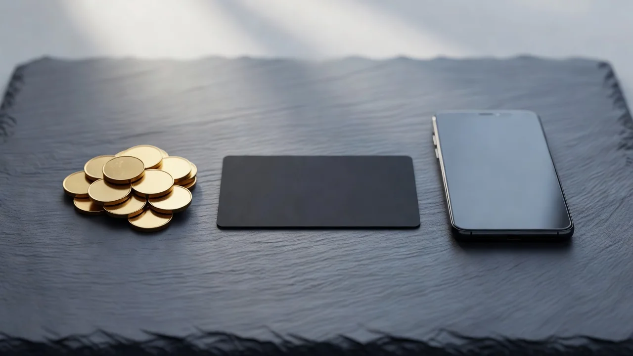 Gold coins, a blank card and a smartphone on slate — comparing deposit methods