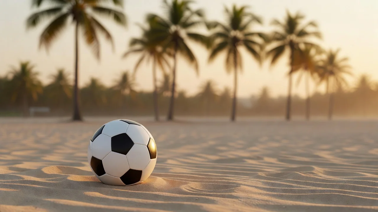 Football on a sandy beach pitch at golden hour with palms behind