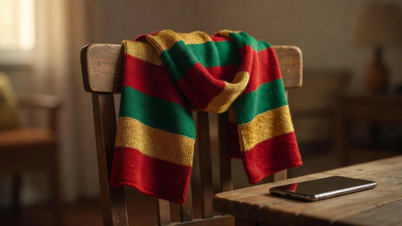 Red, gold and green scarf draped over a chair beside a smartphone