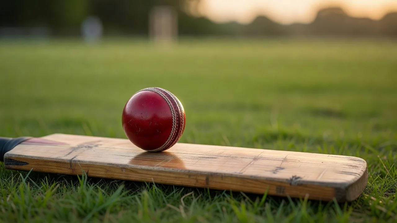 Red cricket ball on a worn bat in warm afternoon light