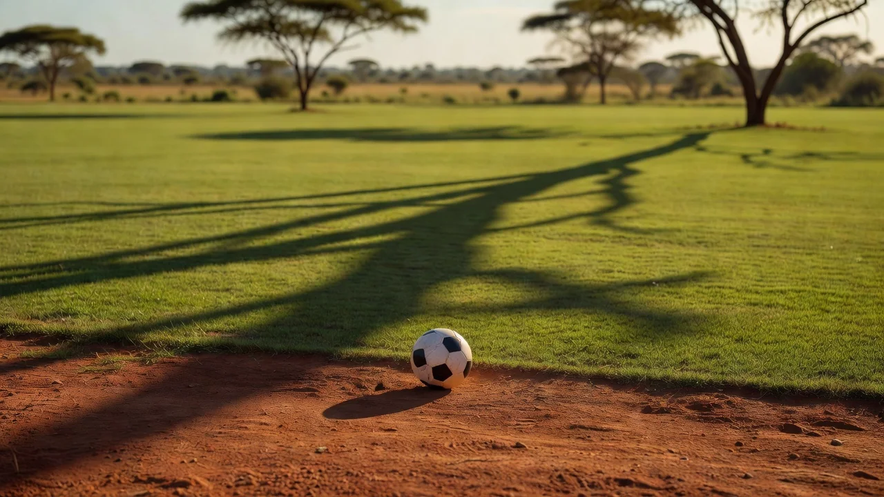 Football on red soil at a green pitch edge, acacia shadow across