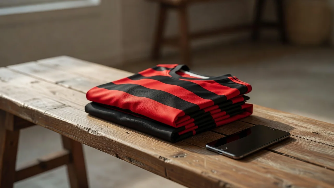 Red and black jersey folded on a wooden bench beside a smartphone