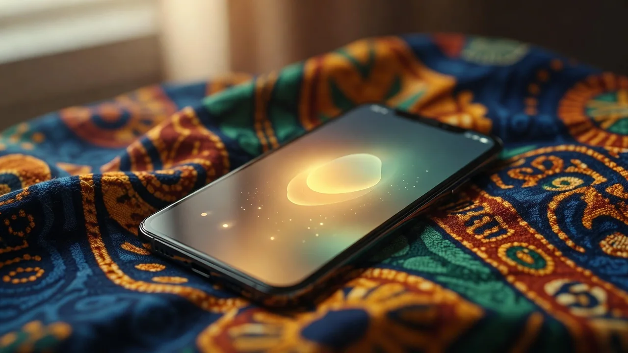 Two smartphones on a market table, one glowing green with a confirmation screen