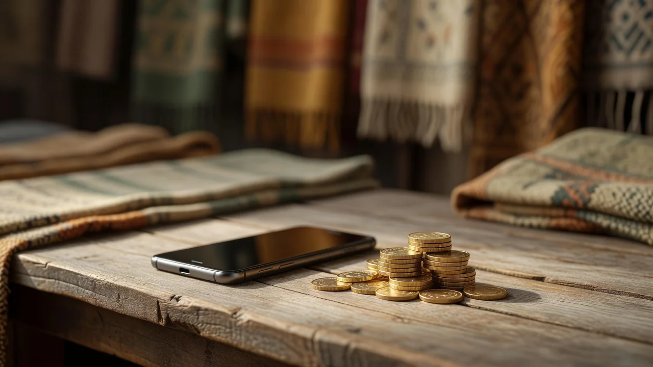 Smartphone and unmarked gold coins on a rustic market table