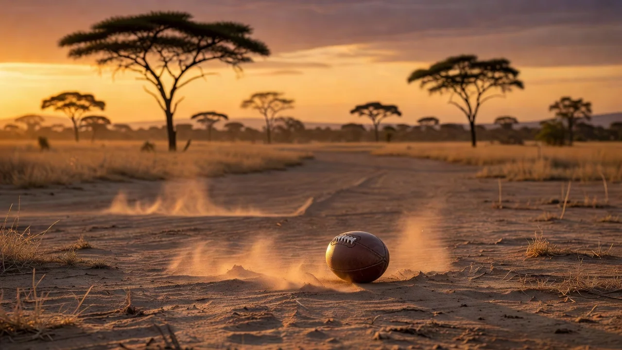 Football on a dusty pitch at sunset with acacia silhouettes