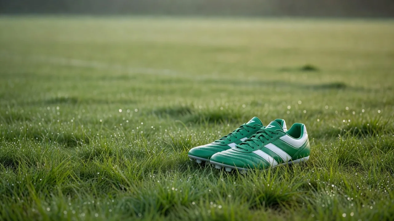 Green and white football boots on a dewy grass pitch edge