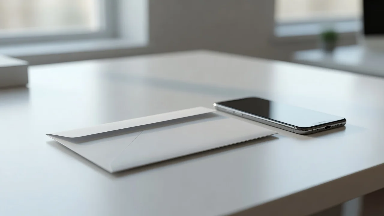 Envelope and smartphone on a bright desk — confirming a new betting account