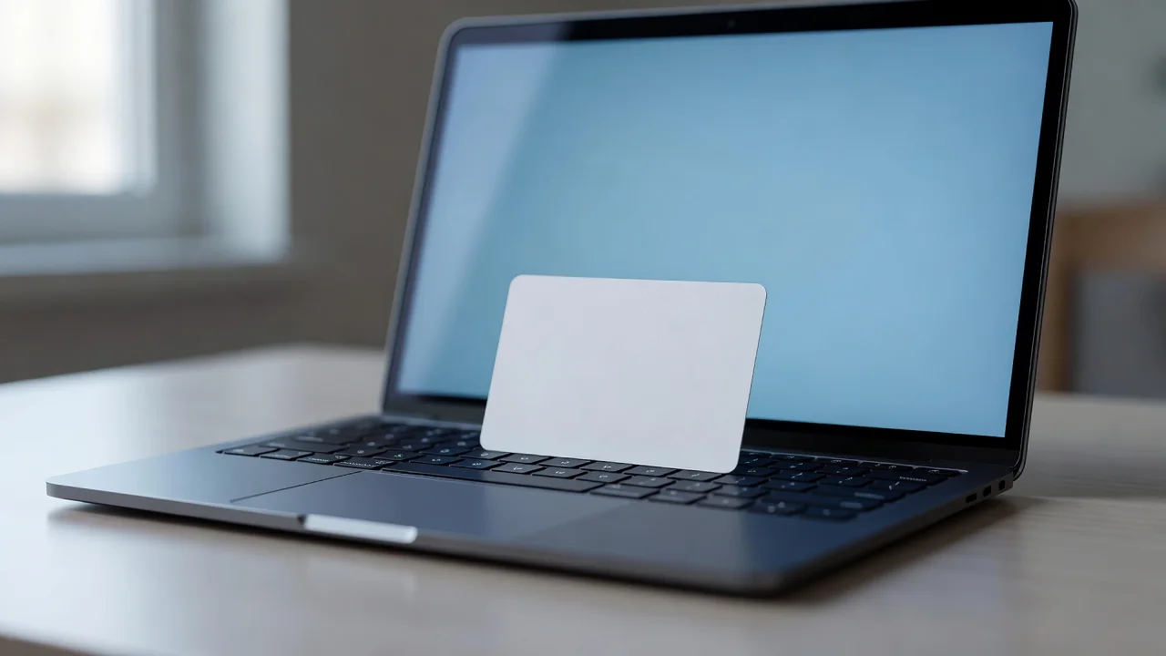 Blank card on a laptop keyboard with soft blue glow — account details ready
