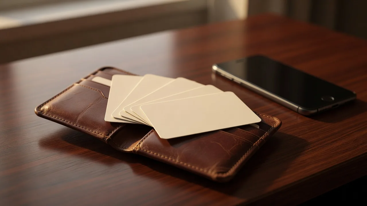 Leather wallet with blank cards beside a smartphone — payout received