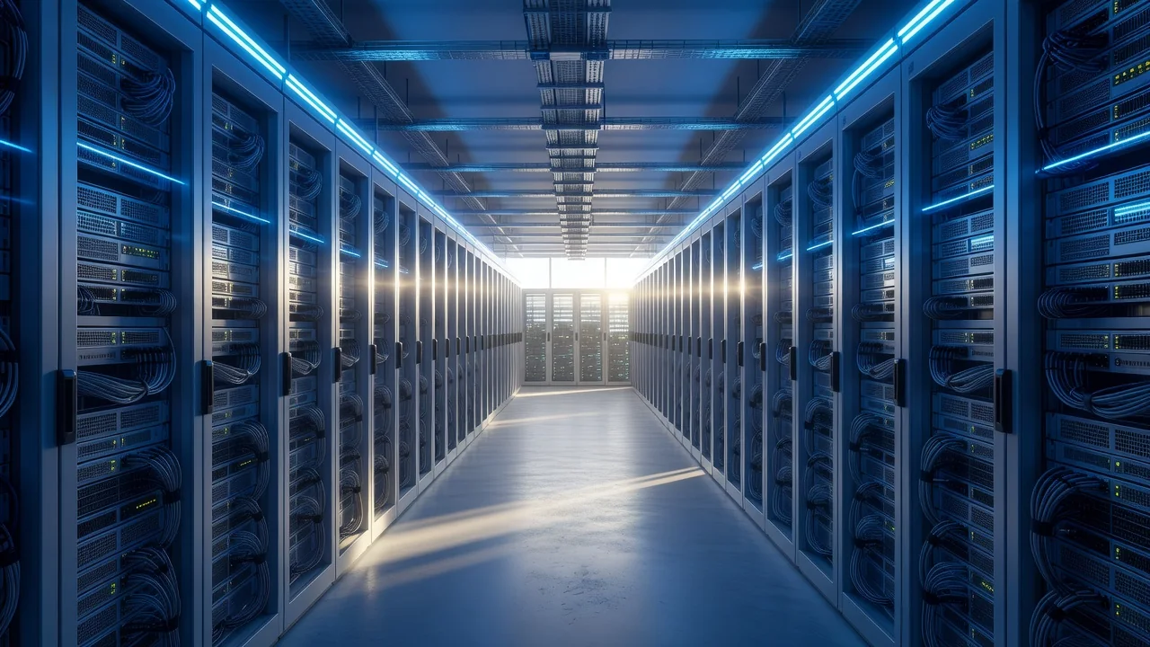 Server room with blue lights