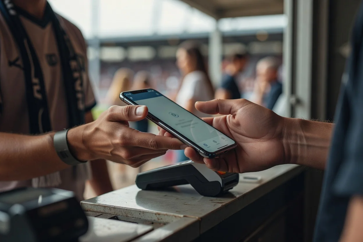 Paying by phone at a stadium kiosk