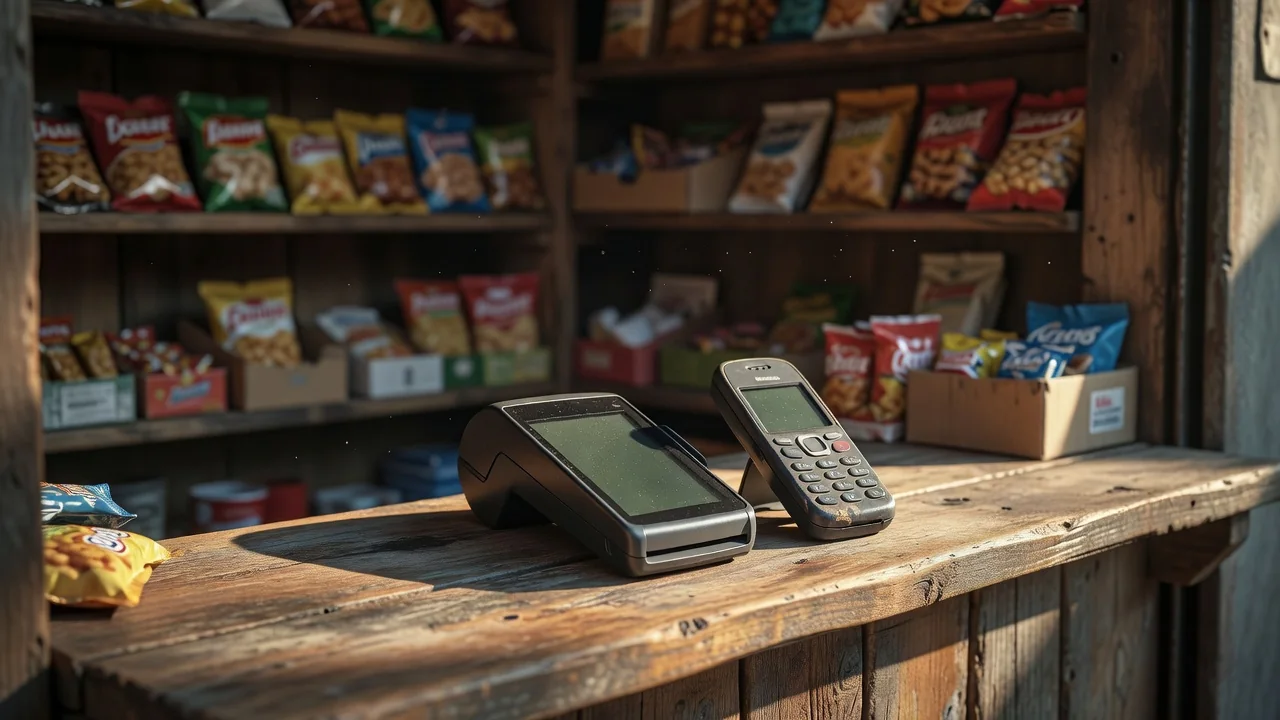 A payment terminal and a smartphone on the counter of a small street kiosk