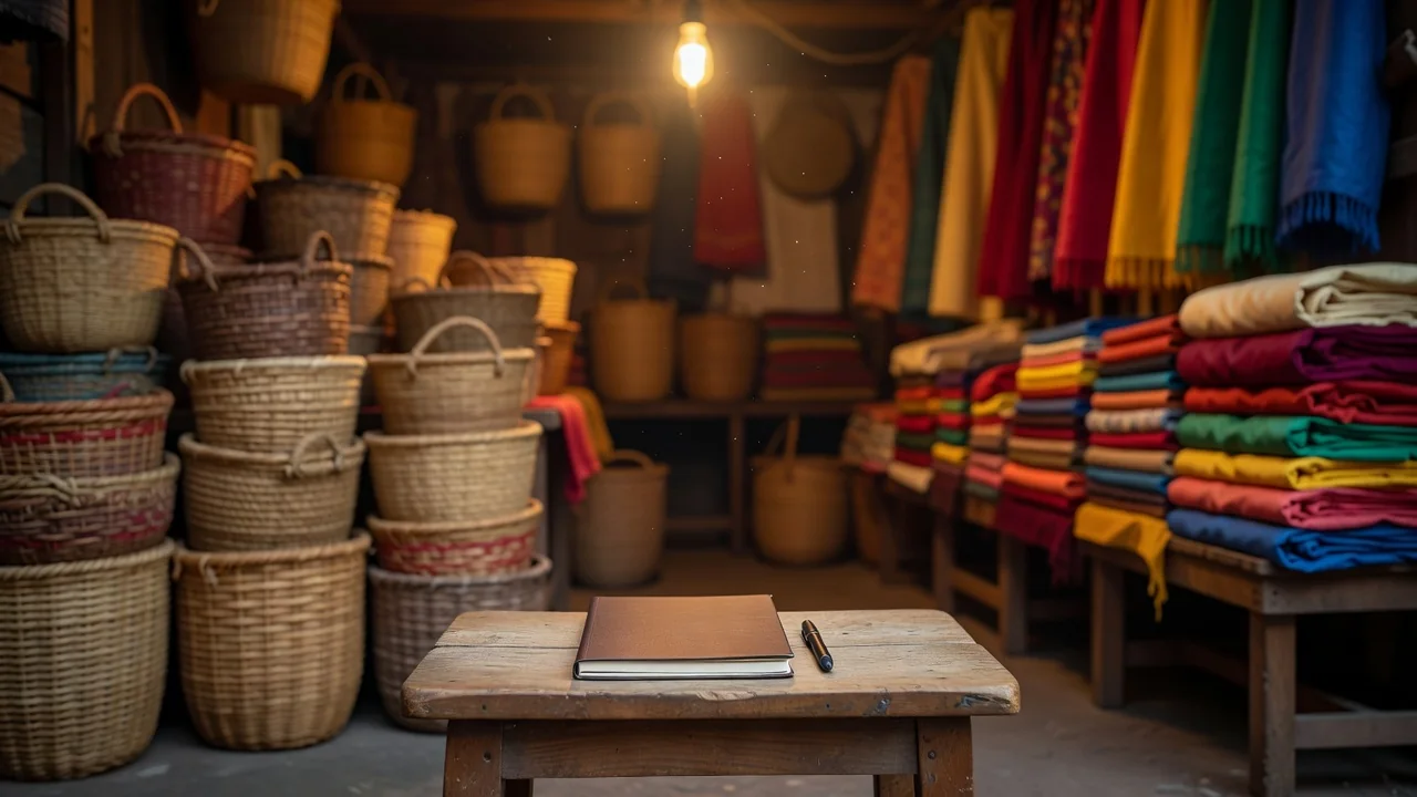 A market stall with woven baskets and a small calculator resting on folded fabric