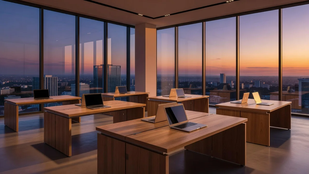 Modern office towers of an African business district photographed at dusk