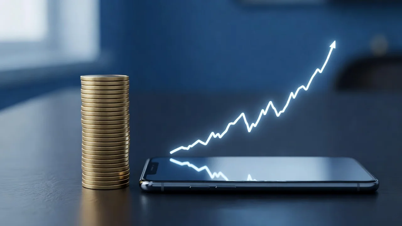 Gold coins and a smartphone with a rising graph — 1win account growth