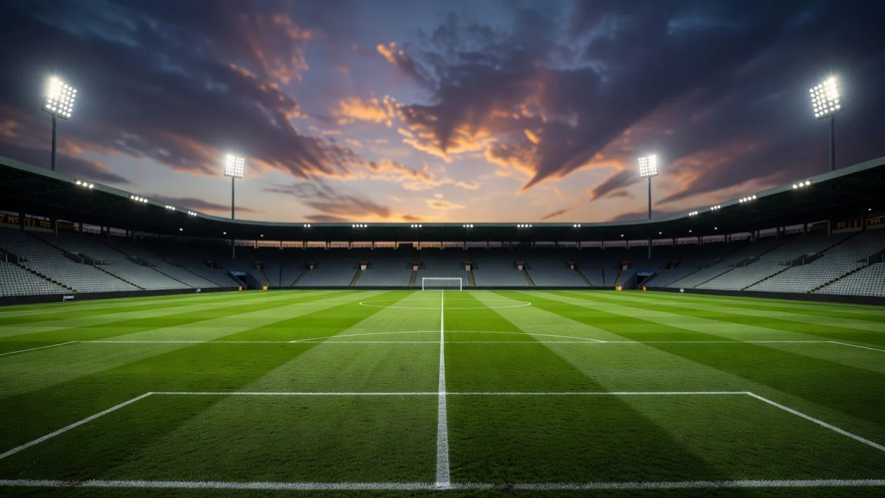 Empty football stadium at dusk with floodlights over the pitch