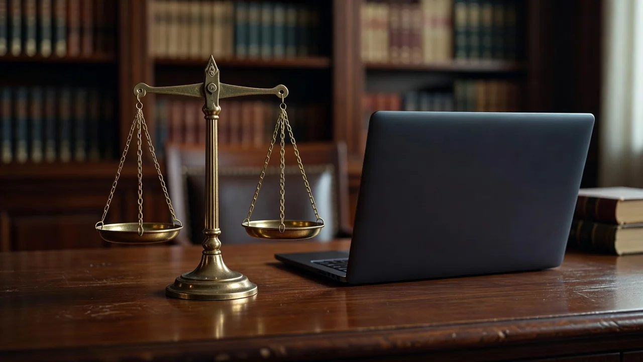 Brass balance scale on a lawyer's desk beside a closed laptop
