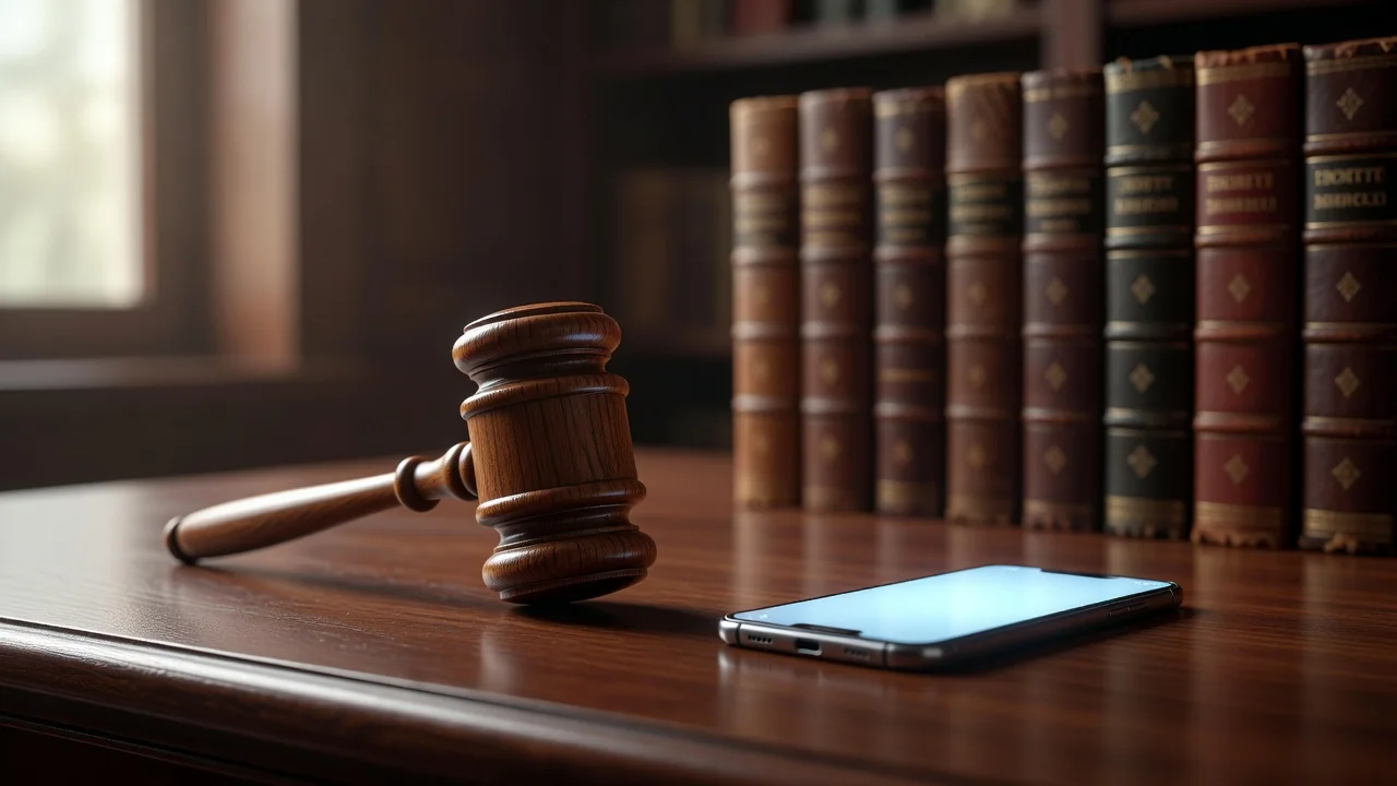 Wooden gavel on a dark desk beside a glowing smartphone, law books behind
