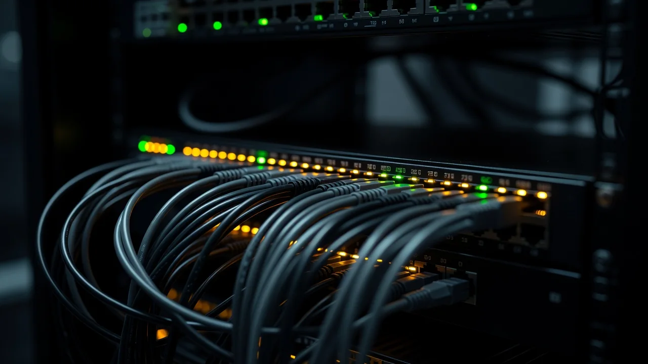 Rows of server racks with small glowing indicator lights in a dark data centre
