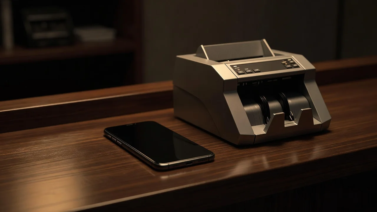 A smartphone lying next to a cash counting machine on a transfer office counter